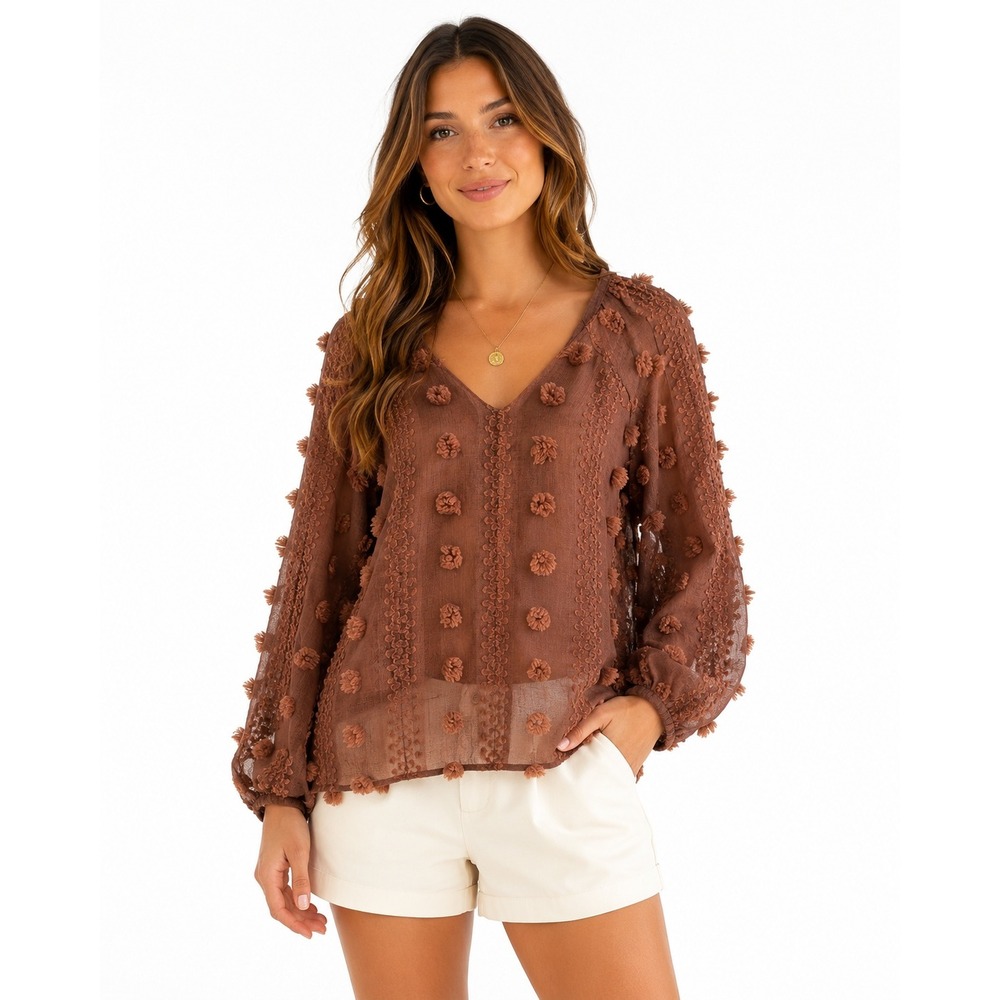 Calypso St Barth Rust Brown Sheer Pom Pom V-Neck Balloon Sleeve Blouse Large